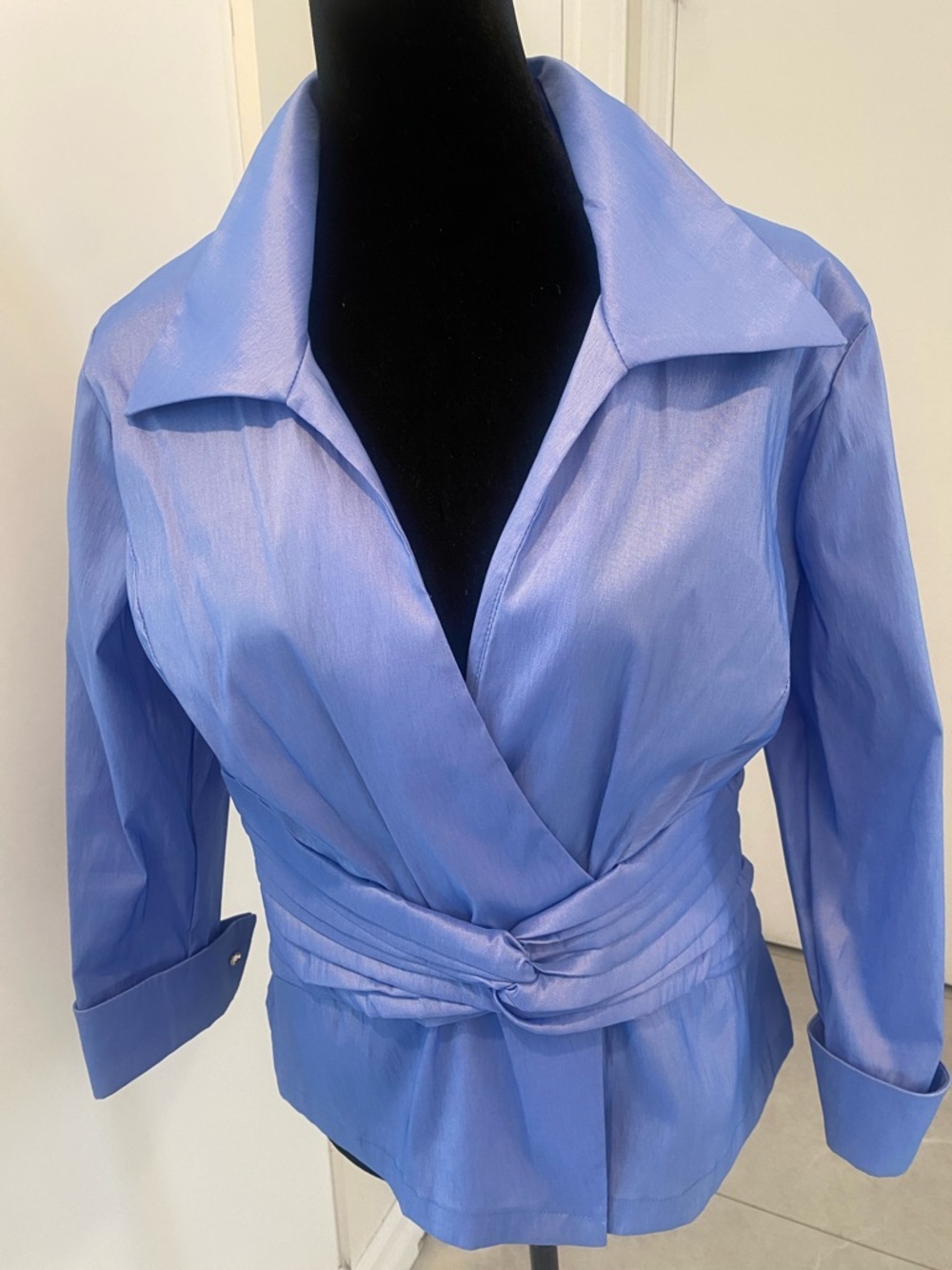 Blue Formal Ruched Blouse w Back Zipper Rhinestone Button & Cuff sleeves Sze 14